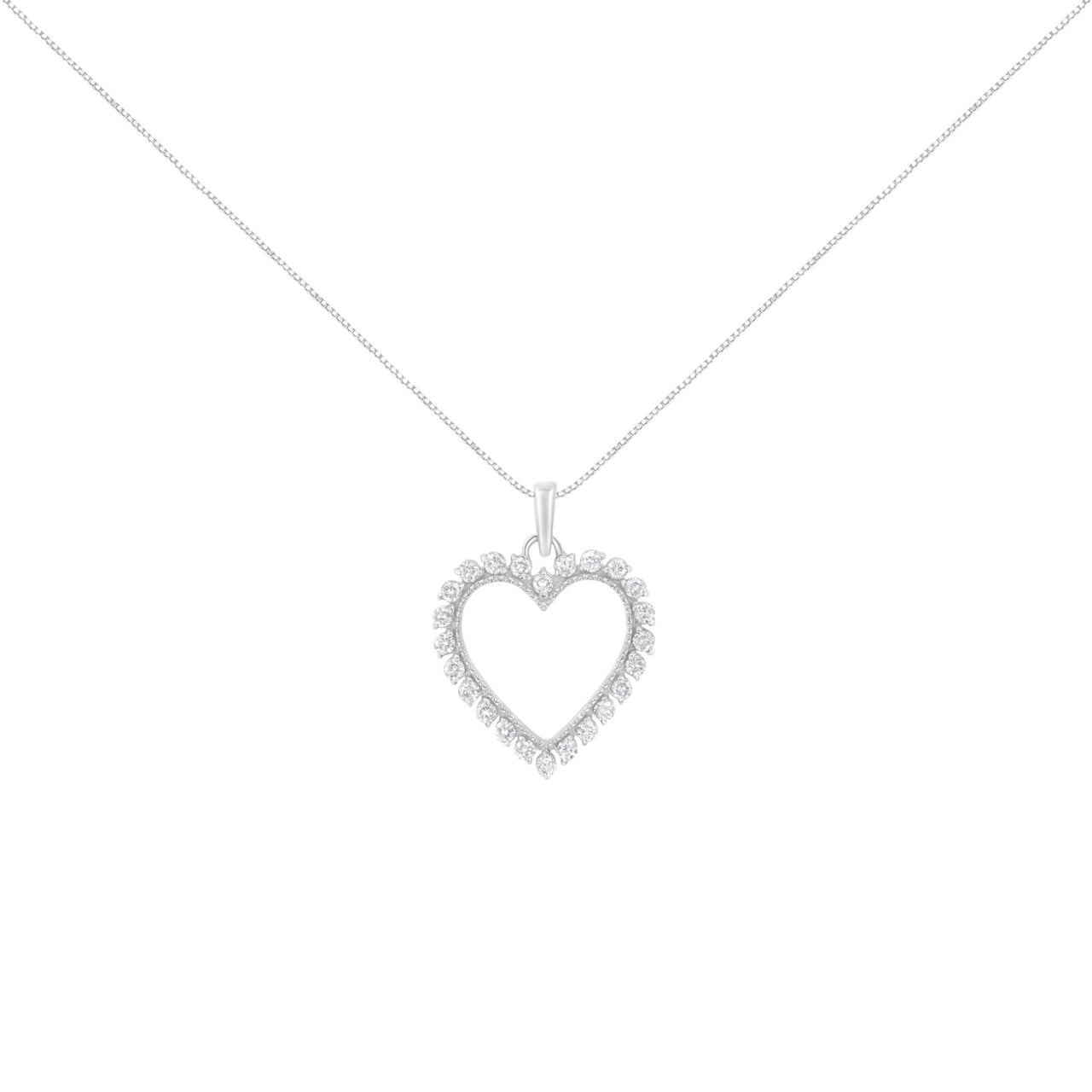 .925 Sterling Silver 1/2 Cttw Prong Set Diamond Encrusted Open Heart 18" Inch Pendant Necklace (I-J Color, I1-I2 Clarity)