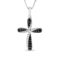 .925 Sterling Silver 1/4 Cttw Alternating Black and White Diamond Intertwining Ribbon Weave Cross 18