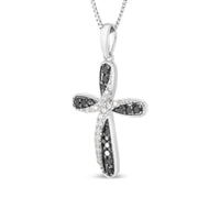 .925 Sterling Silver 1/4 Cttw Alternating Black and White Diamond Intertwining Ribbon Weave Cross 18