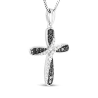 .925 Sterling Silver 1/4 Cttw Alternating Black and White Diamond Intertwining Ribbon Weave Cross 18