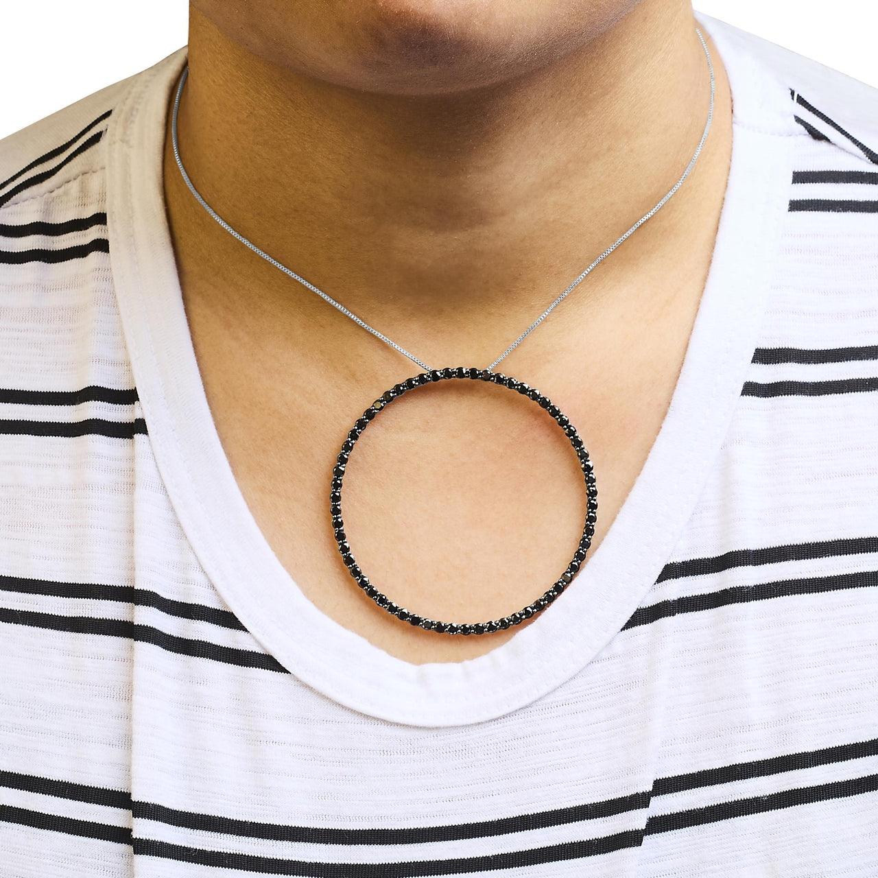 .925 Sterling Silver Black Diamond Open Hoop Circle 18" Pendant Necklace (Black Color, I2-I3 Clarity)