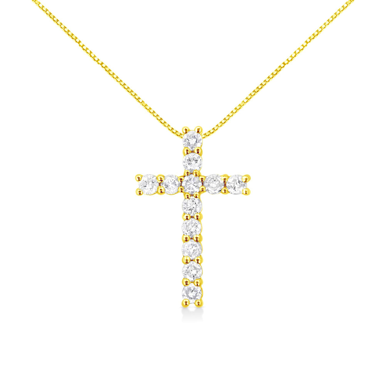 10K Yellow Gold 1.0 Cttw Shared Prong Set Round Brilliant Cut Diamond Cross 18" Pendant Necklace (J-K Color, I2-I3 Clarity)