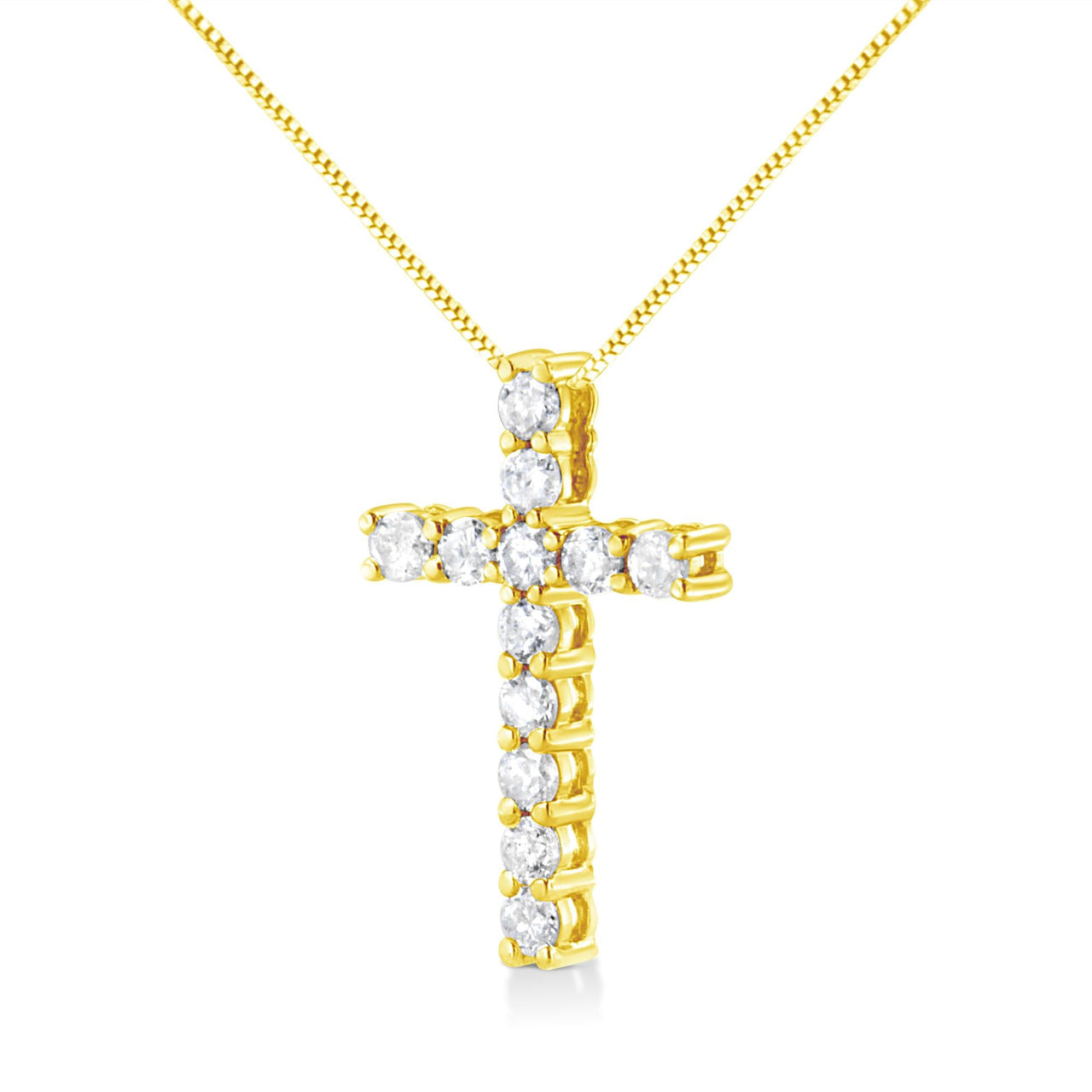 10K Yellow Gold 1.0 Cttw Shared Prong Set Round Brilliant Cut Diamond Cross 18" Pendant Necklace (J-K Color, I2-I3 Clarity)