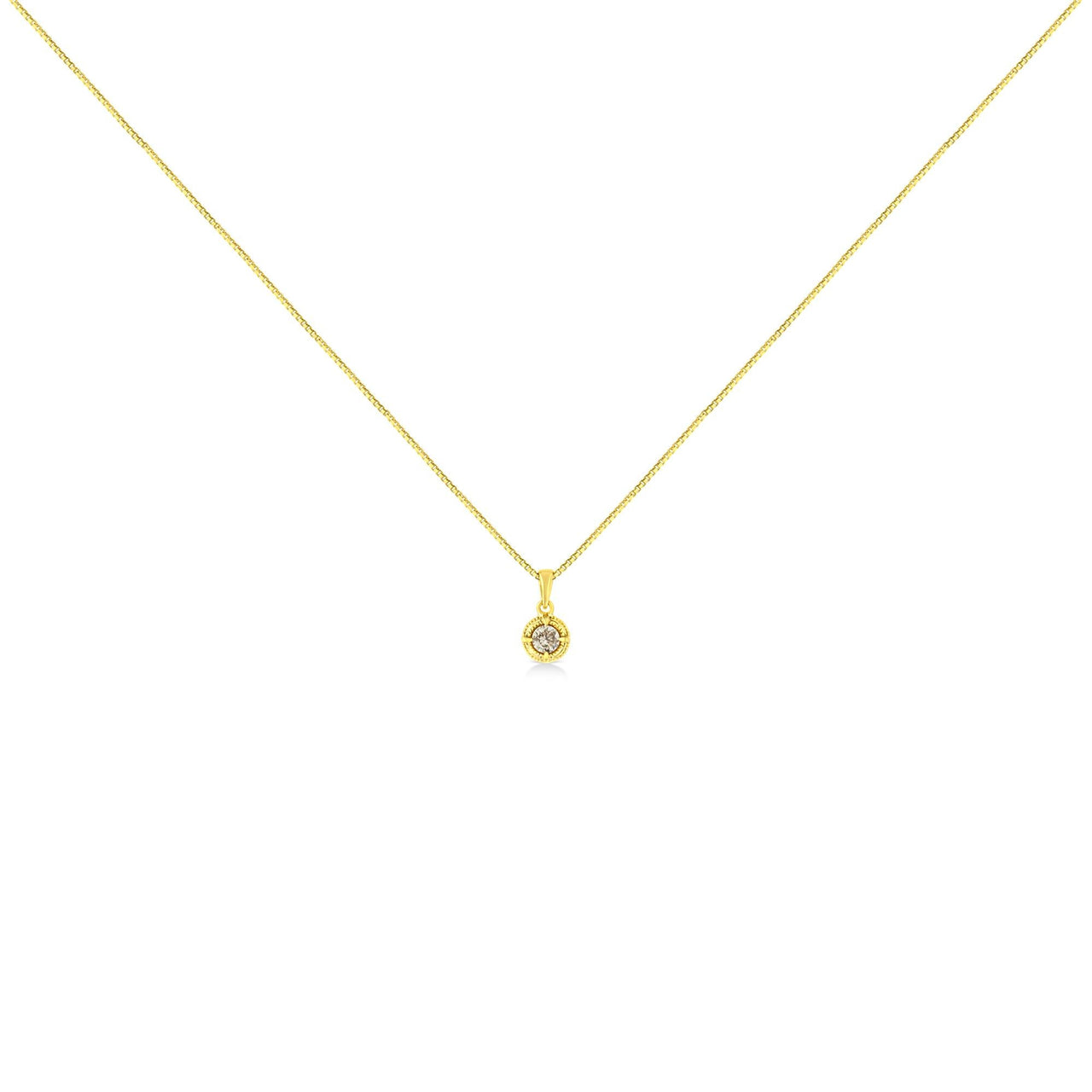 14K Yellow Gold Plated .925 Sterling Silver Brilliant Round Cut Diamond Solitaire Milgrain 18" Pendant Necklace