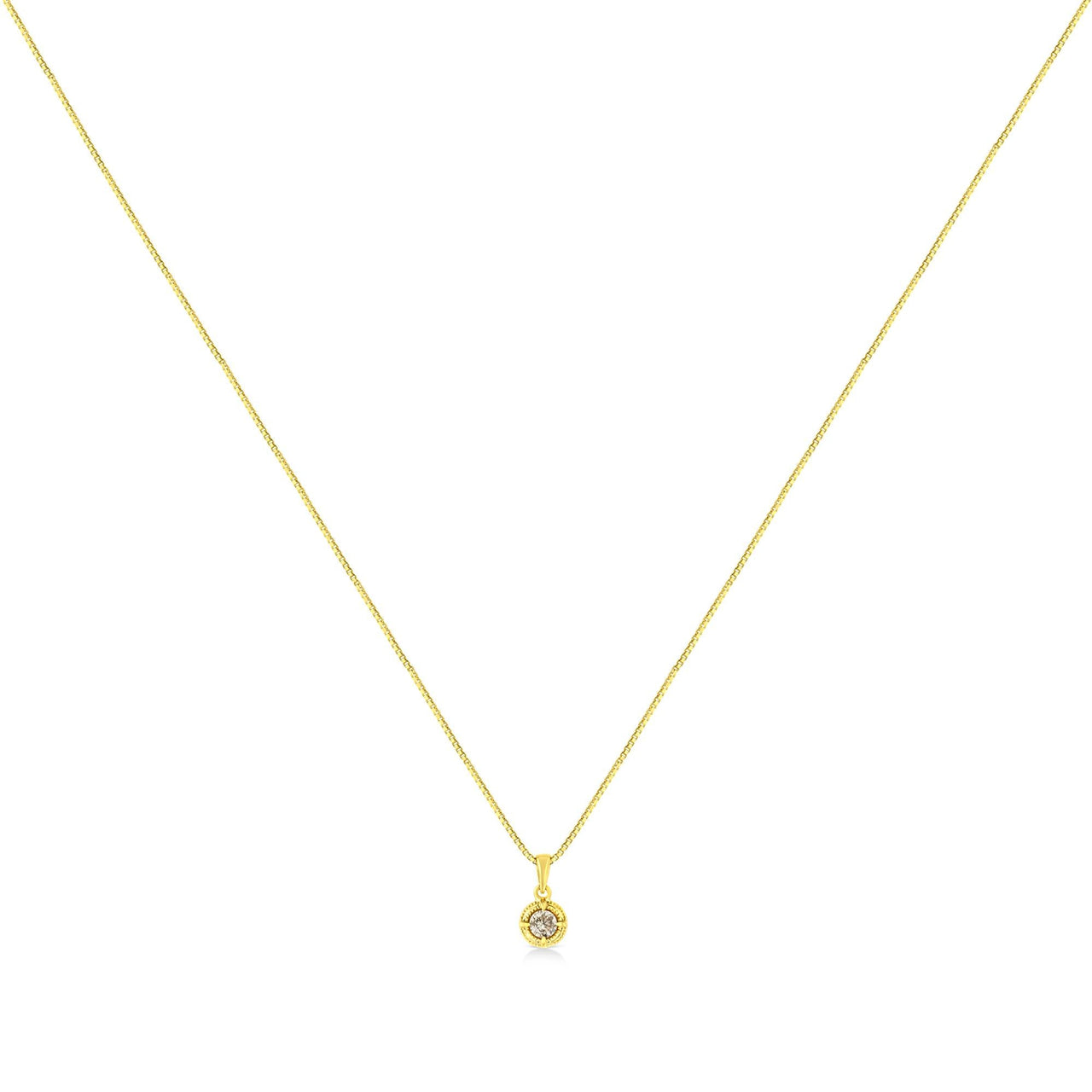 14K Yellow Gold Plated .925 Sterling Silver Brilliant Round Cut Diamond Solitaire Milgrain 18" Pendant Necklace