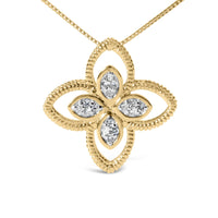 10K Yellow Gold 1/10 Cttw Diamond Floral Motif with Beaded Halo Pendant 18