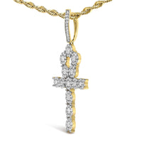 Men's 10K Yellow Gold 1 3/4 Cttw Diamond Cluster Ankh Cross Pendant Necklace - 18