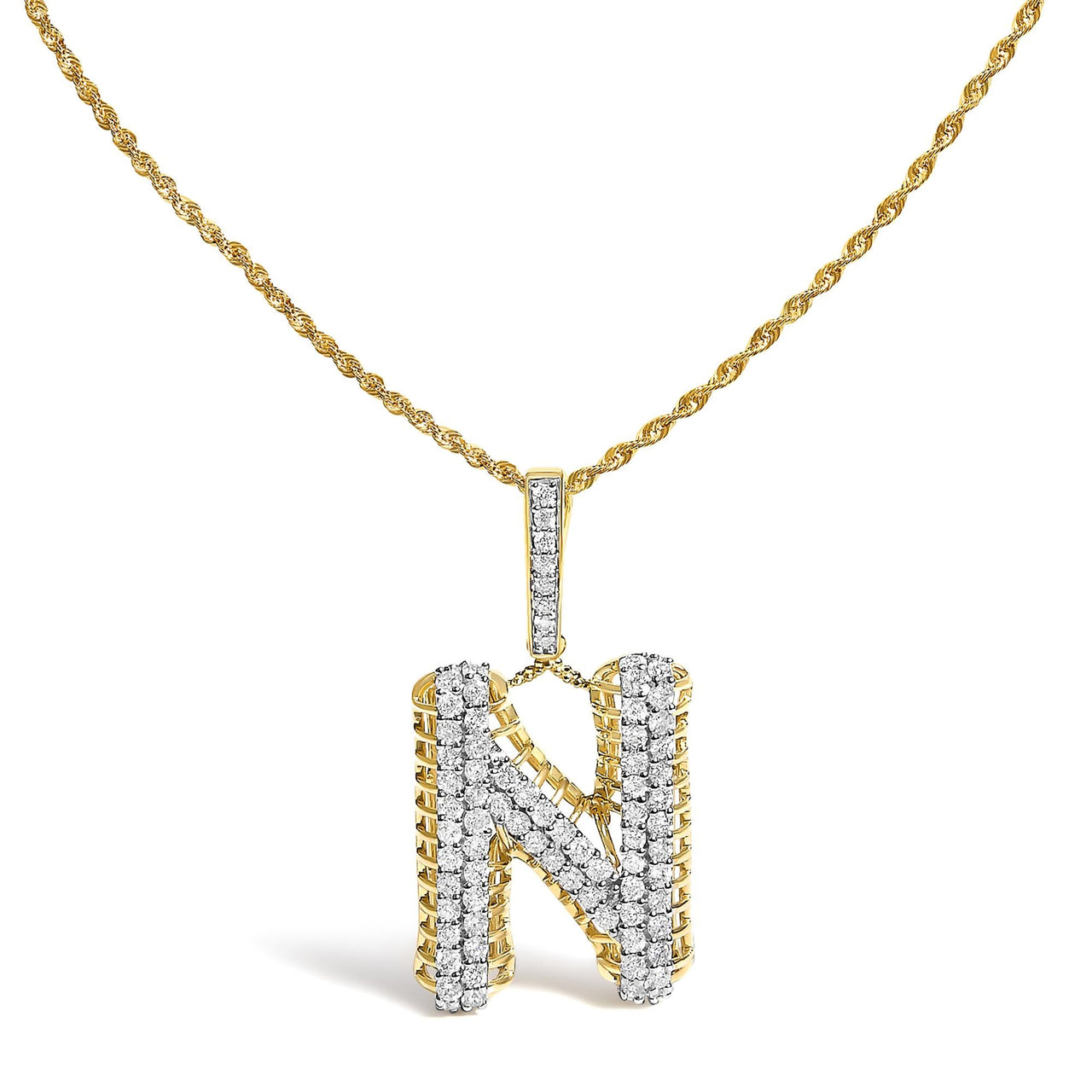 Men's 10K Yellow Gold 1 1/2 Cttw Diamond Letter N Initial Pendant Necklace