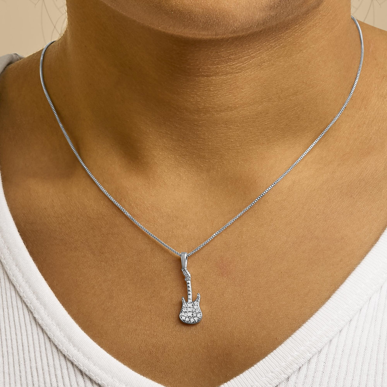 .925 Sterling Silver 1/10 Cttw Diamond Studded Guitar Pendant Necklace (I-J Color, I2-I3 Clarity) - 18" Inches