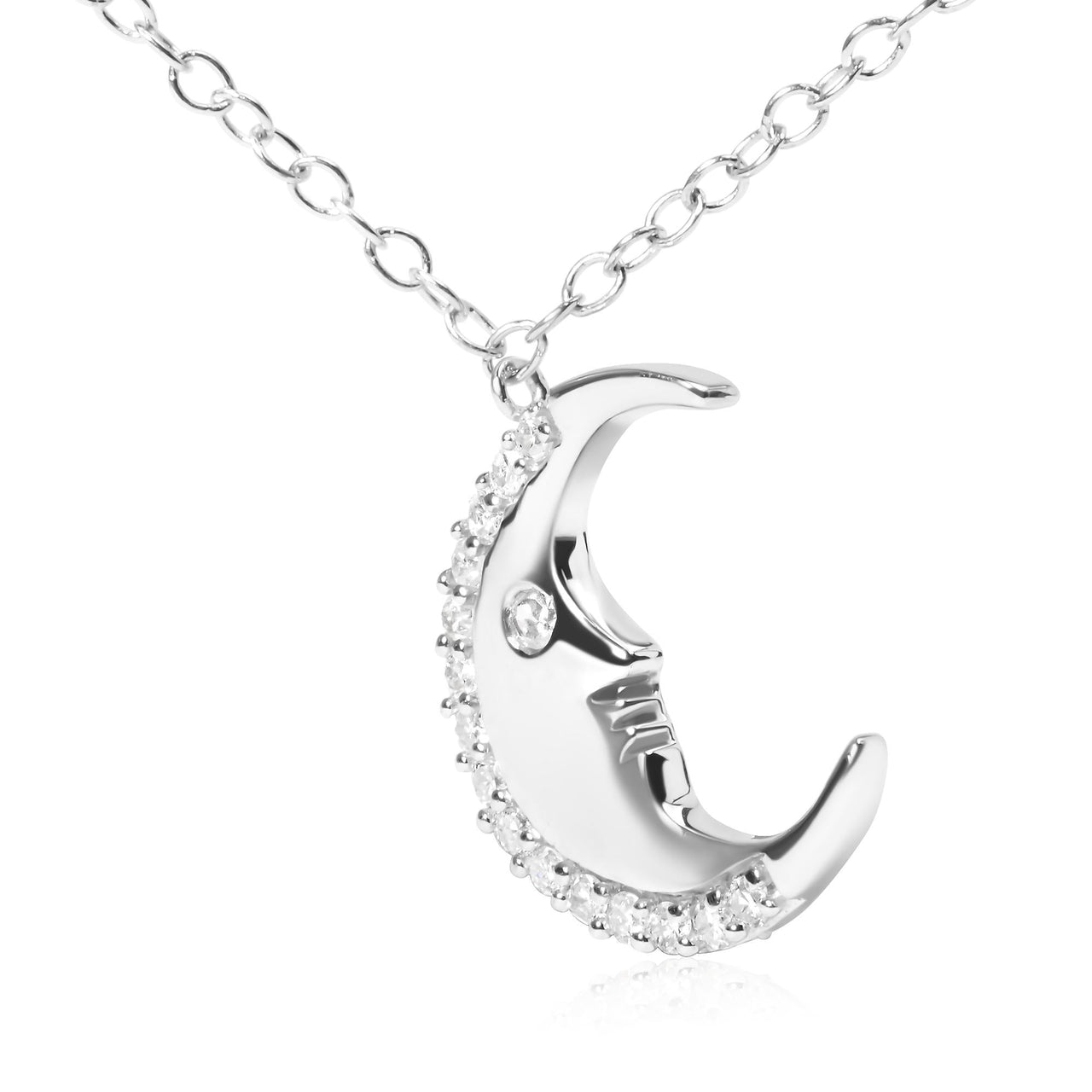 .925 Sterling Silver 1/10ct Diamond Crescent Man on the Moon 18" Pendant Necklace (H-I Color, SI1-SI2 Clarity)