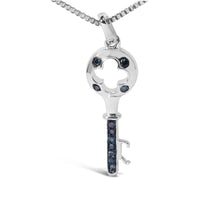 .925 Sterling Silver Blue Diamond Accent Key Pendant Necklace (Blue Color, I2-I3 Clarity) - 18