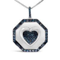 .925 Sterling Silver 5/8 Cttw Blue Diamond Mirror Plate with Heart and Diamond Halo 18