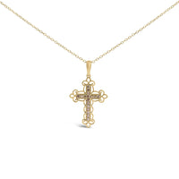 10K Yellow Flashed .925 Sterling Silver 1/4 Cttw Champagne Diamond Filigree Cross Pendant Necklace (K-L Color, I1-I2 Clarity) - 18