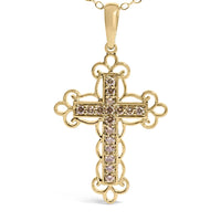 10K Yellow Flashed .925 Sterling Silver 1/4 Cttw Champagne Diamond Filigree Cross Pendant Necklace (K-L Color, I1-I2 Clarity) - 18
