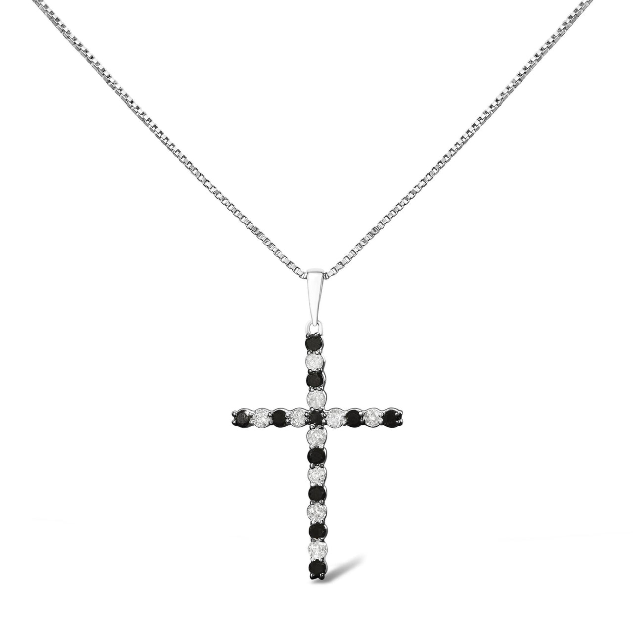 .925 Sterling Silver 1/2 Cttw Alternating Black and White Diamond Cross Pendant Necklace (H-I Color, I2-I3 Clarity) - 18" Inches