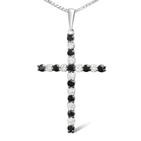.925 Sterling Silver 1/2 Cttw Alternating Black and White Diamond Cross Pendant Necklace (H-I Color, I2-I3 Clarity) - 18