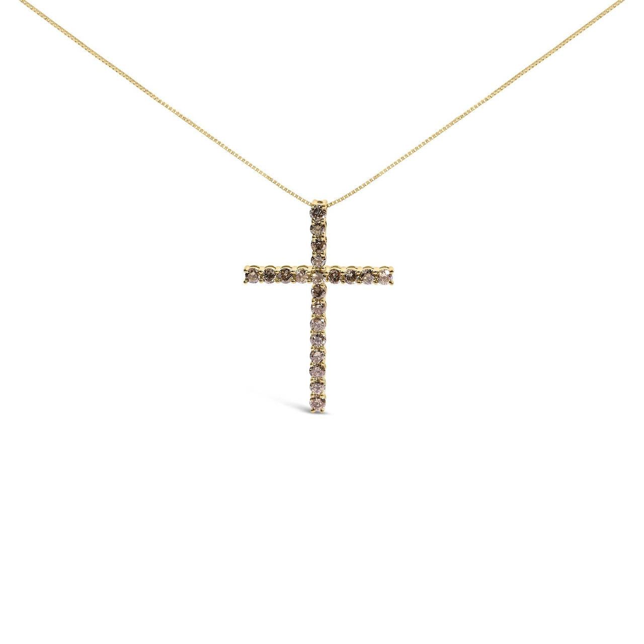 .925 Sterling Silver 1.0 Cttw Champagne Diamond Gold Cross Pendant Necklace for Women (Champagne Color, I1-I2 Clarity)- 18 inch