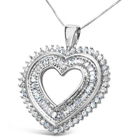 .925 Sterling Silver 1.0 Cttw Baguette and Round Diamond  Heart Pendant 18