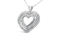 .925 Sterling Silver 1.0 Cttw Baguette and Round Diamond  Heart Pendant 18