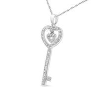 .925 Sterling Silver 1/5 Cttw Round-Cut Diamond Double Heart & Key 18