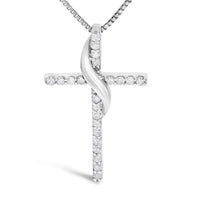 .925 Sterling Silver 1/4 Cttw Diamond Ribbon Swirl over Cross Pendant Necklace (H-I Color, I2-I3 Clarity) - 18