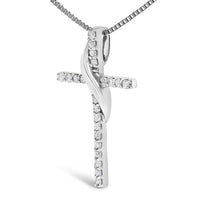 .925 Sterling Silver 1/4 Cttw Diamond Ribbon Swirl over Cross Pendant Necklace (H-I Color, I2-I3 Clarity) - 18