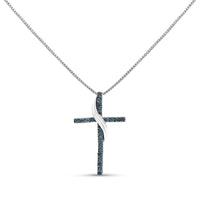 .925 Sterling Silver 1/4 Cttw Blue Diamond Ribbon Swirl over Cross Pendant Necklace (Blue Color, I2-I3 Clarity) - 18