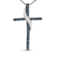 .925 Sterling Silver 1/4 Cttw Blue Diamond Ribbon Swirl over Cross Pendant Necklace (Blue Color, I2-I3 Clarity) - 18