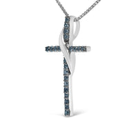 .925 Sterling Silver 1/4 Cttw Blue Diamond Ribbon Swirl over Cross Pendant Necklace (Blue Color, I2-I3 Clarity) - 18
