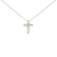 .925 Sterling Silver 1/10 Cttw Yellow Diamond Swirl Ribbon and Cross Pendant Necklace (Yellow Color, I3 Clarity)