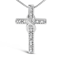 .925 Sterling Silver 1/10 Cttw Diamond Inlaid Cross with Ribbon Pendant Necklace (I-J Color, I2-I3 Clarity) - 18