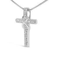 .925 Sterling Silver 1/10 Cttw Diamond Inlaid Cross with Ribbon Pendant Necklace (I-J Color, I2-I3 Clarity) - 18