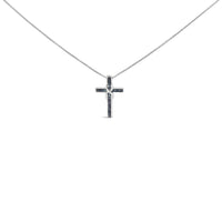 .925 Sterling Silver 1/10 Cttw Blue Diamond Inlaid Cross with Ribbon Pendant Necklace (Blue Color, I2-I3 Clarity) - 18