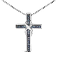 .925 Sterling Silver 1/10 Cttw Blue Diamond Inlaid Cross with Ribbon Pendant Necklace (Blue Color, I2-I3 Clarity) - 18