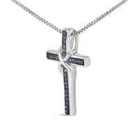 .925 Sterling Silver 1/10 Cttw Blue Diamond Inlaid Cross with Ribbon Pendant Necklace (Blue Color, I2-I3 Clarity) - 18