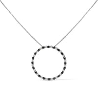 .925 Sterling Silver 1.0 Cttw Alternating Black and White Diamond Open Hoop Circle Pendant Necklace - 18