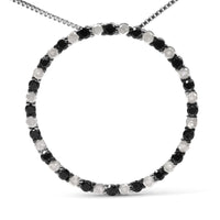 .925 Sterling Silver 1.0 Cttw Alternating Black and White Diamond Open Hoop Circle Pendant Necklace - 18