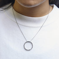 .925 Sterling Silver 1.0 Cttw Alternating Black and White Diamond Open Hoop Circle Pendant Necklace - 18
