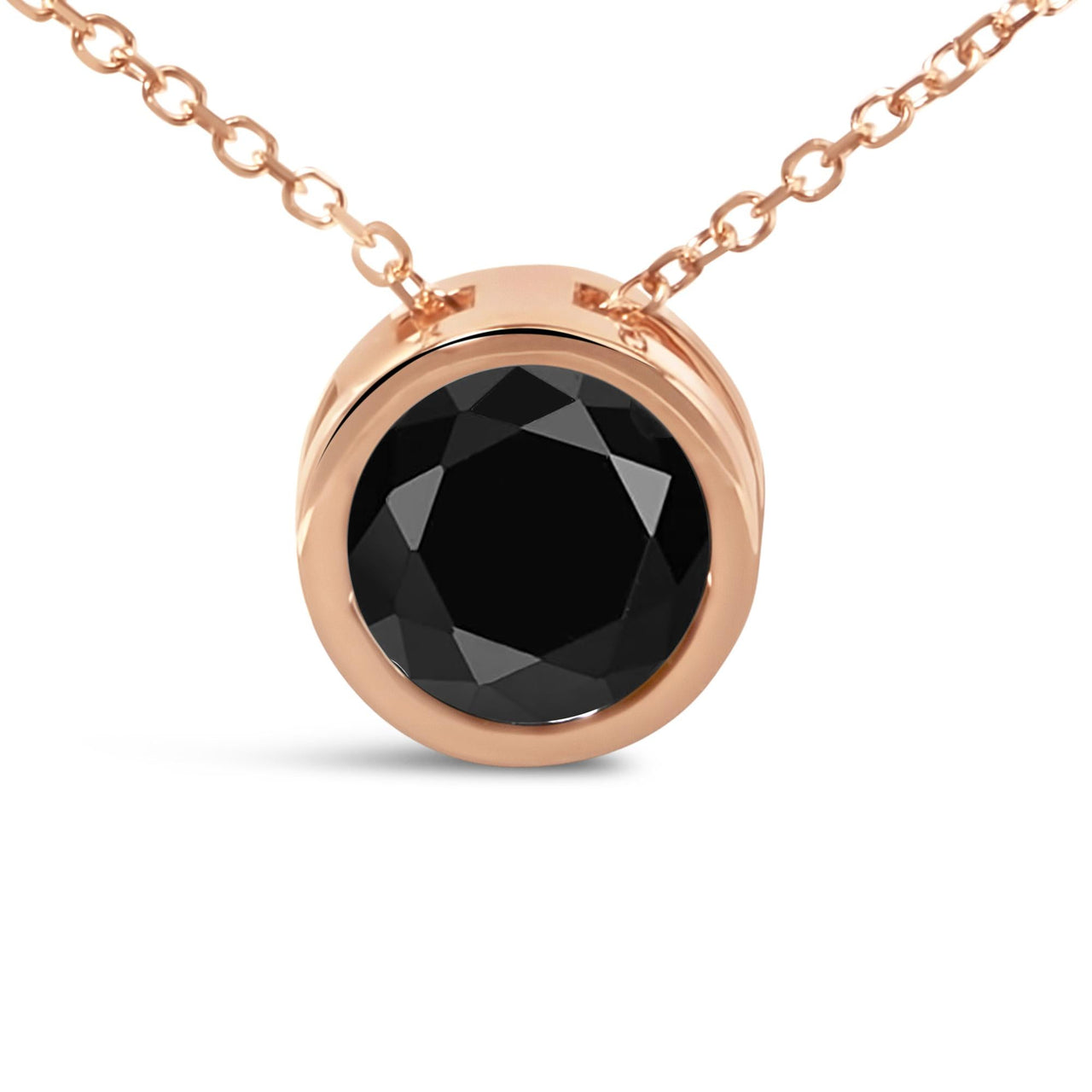 14K Rose Gold Bezel-Set Black Round Diamond Solitaire Pendant Necklace (Black Color, I2-I3 Clarity) - 18"