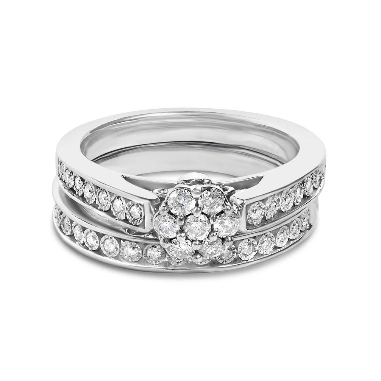 Sterling Silver 1/2 Cttw Diamond Cluster Flower Bridal Set