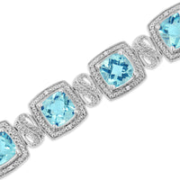 .925 Sterling Silver 7x7 mm Cushion Cut Blue Topaz and 1/10 Ctw Single Cut Diamond Square Shape Tennis Bracelet (I-J Color, I1-I2 Clarity) - 7