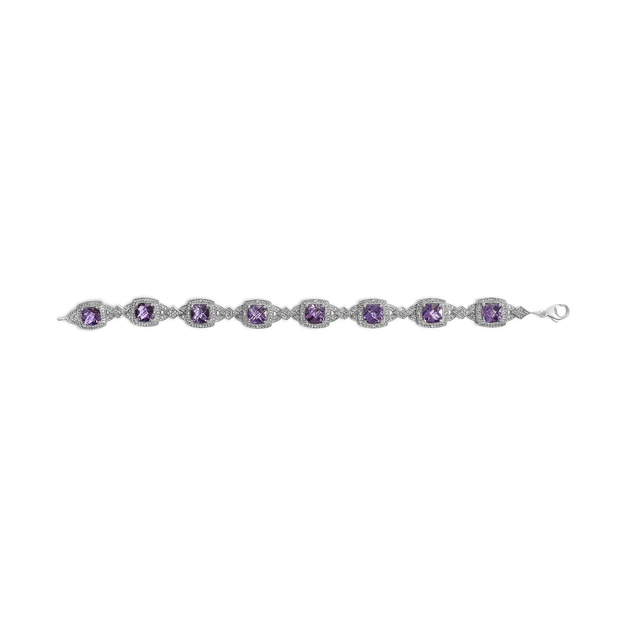 Sterling Silver Cushion-Cut Purple Amethyst & Diamond Vintage Halo Link Bracelet