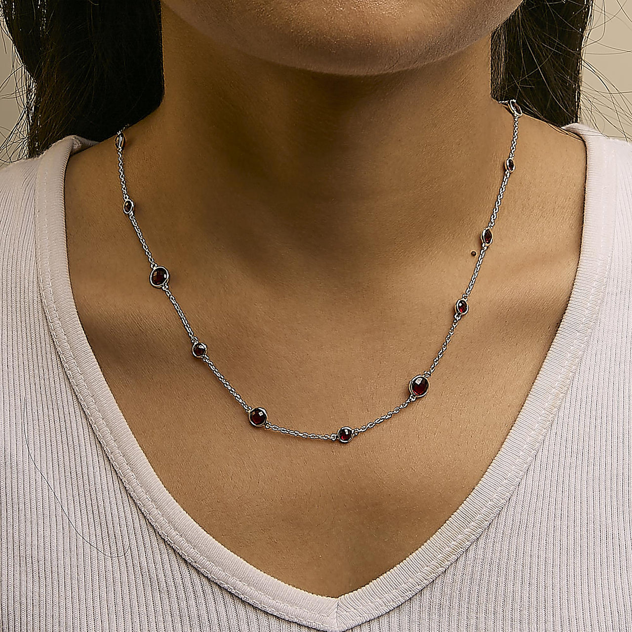 .925 Sterling Silver Checkerboard Cut Red Garnet Bezel Station Necklace - 22" Inches