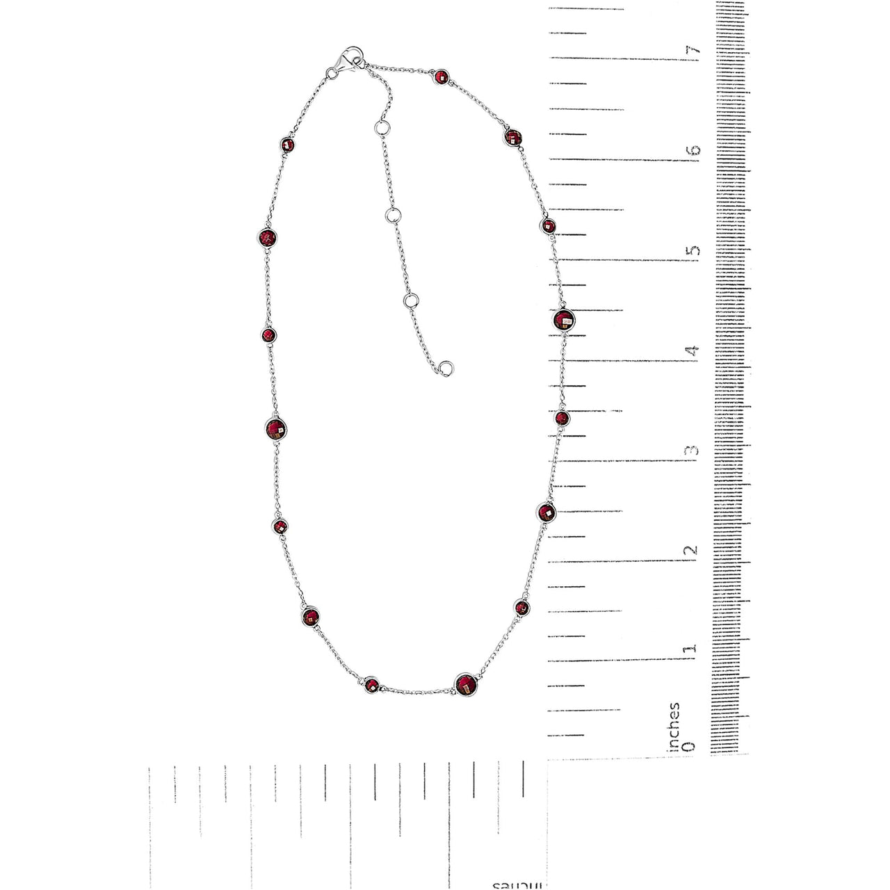 .925 Sterling Silver Checkerboard Cut Red Garnet Bezel Station Necklace - 22" Inches
