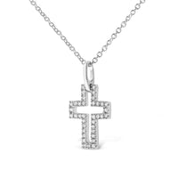 .925 Sterling Silver 1/10 cttw Pave-Set Round-Cut Diamond Open Cross 18