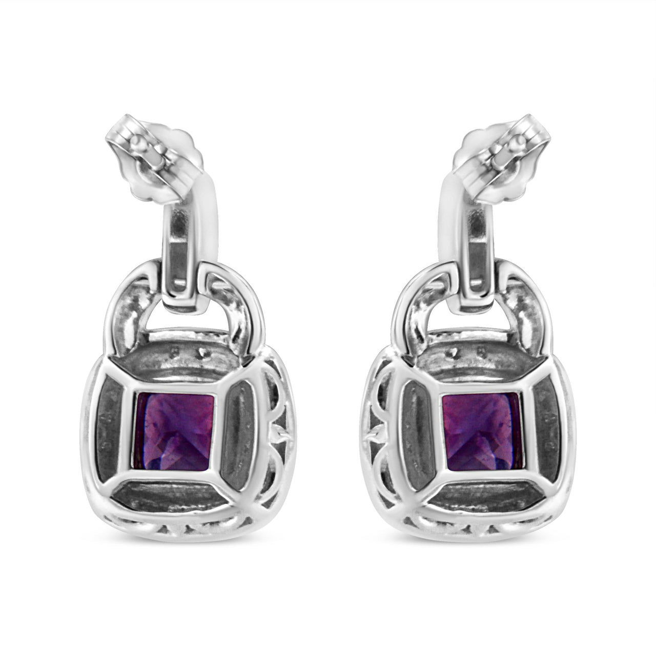 .925 Sterling Silver 8MM Natural Cushion Shaped Amethyst and Diamond Accent Halo with Push Back Dangle Earrings (I-J Color, I2-I3 Clarity)