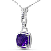 .925 Sterling Silver 6x6MM Cushion Shaped Natural Purple Amethyst and Diamond Accented Bale 18