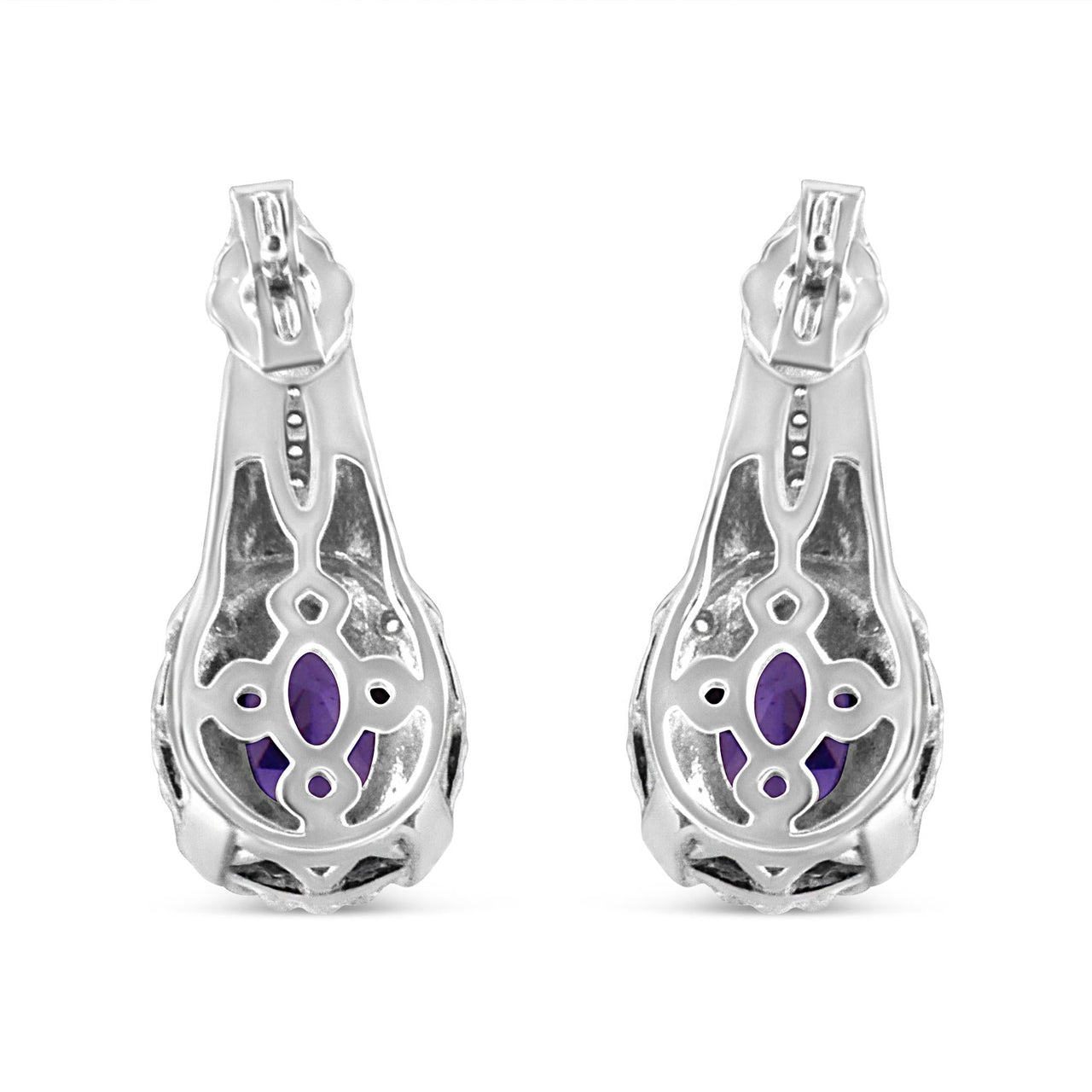 .925 Sterling Silver 8x6 MM Natural Oval Purple Amethyst Gemstone and Diamond Accent Art Deco Style Drop and Dangle Earrings (I-J Color, I1-I2 Clarity)