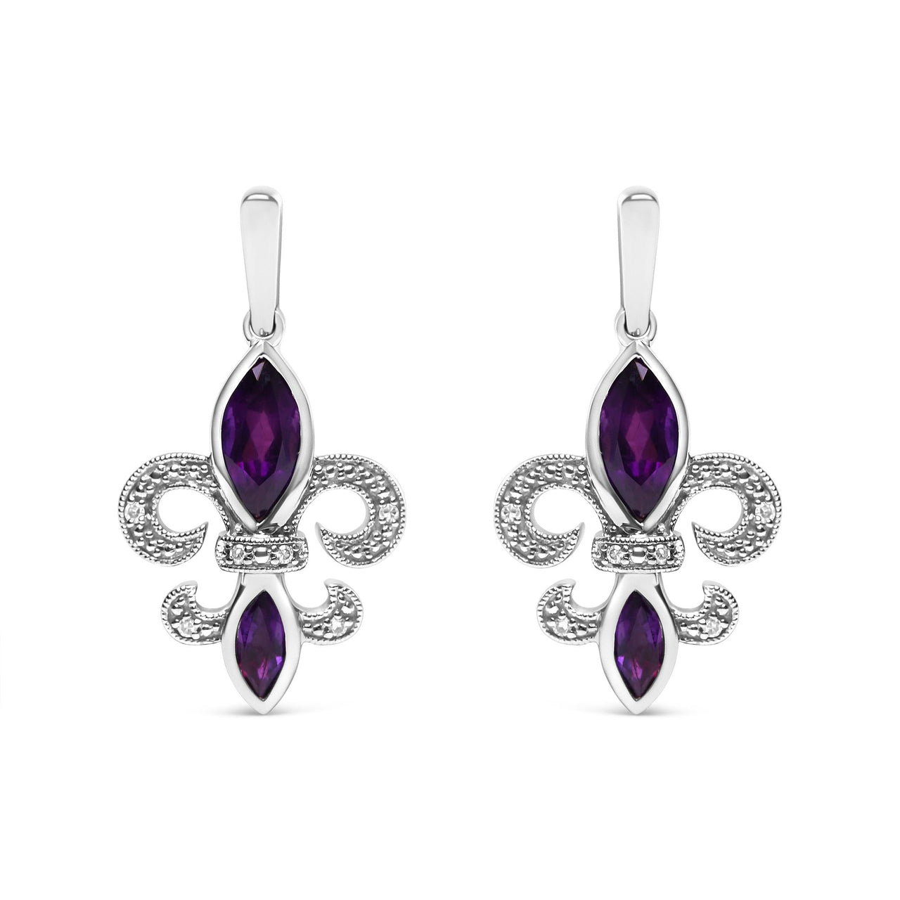 .925 Sterling Silver Marquise Cut Amethyst and Diamond Accent Fleur De Lis Dangle Stud Earrings (H-I Color, SI1-SI2 Clarity)