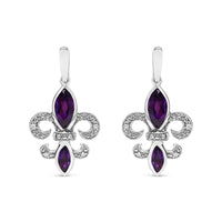 .925 Sterling Silver Marquise Cut Amethyst and Diamond Accent Fleur De Lis Dangle Stud Earrings (H-I Color, SI1-SI2 Clarity)